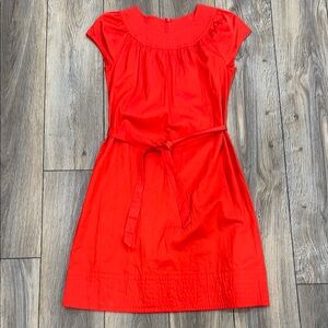 Red Sundress Belted 100% Cotton  Flutter Cap Sleeves Crew Neck MEDIUM